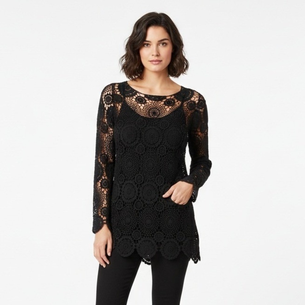 Noble Black Crochet Lace Floral Medallion Tunic‎ Top Long Sleeve S/M